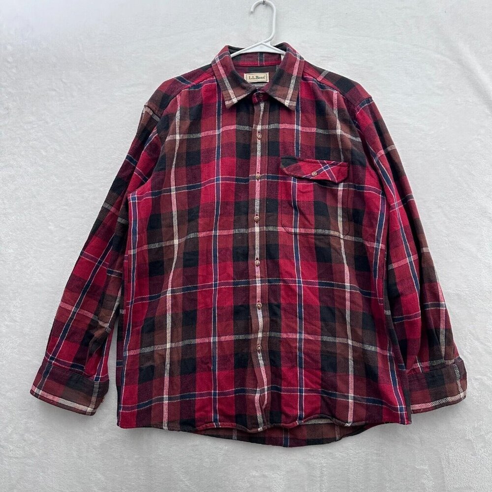 Vintage LL Bean Shirt Men M Red Plaid Flannel Pocket Casual Button Up